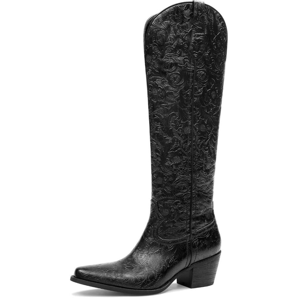 Women Black Boots Embossed Knee High Western Boots Pointed Toe Comfortable